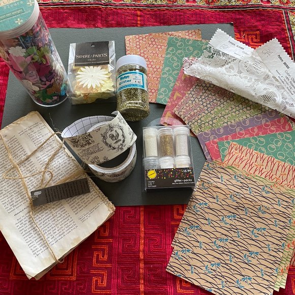 Lot of scrapbooking crafting art supplies DIY - glitter, paper, flower appliques - Picture 1 of 11